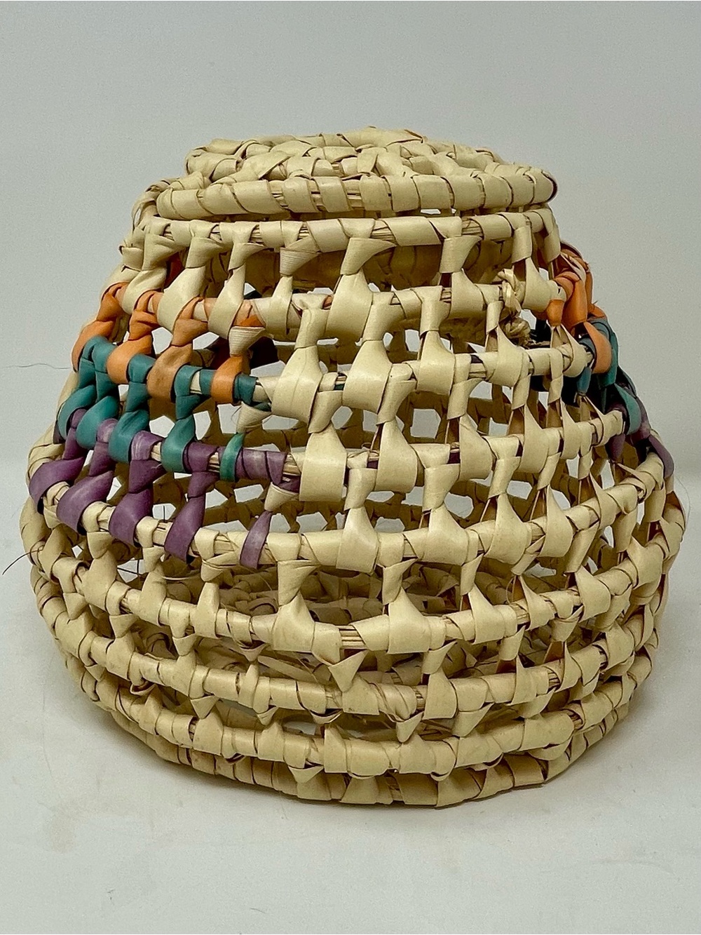 Handwoven Natural Rattan Accent Basket with Colored Weave